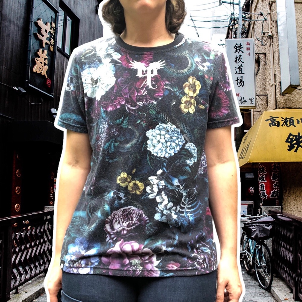 Fresh Hoods x Riza Peker Deserted Garden Goth Skull Print T-Shirt, Size S